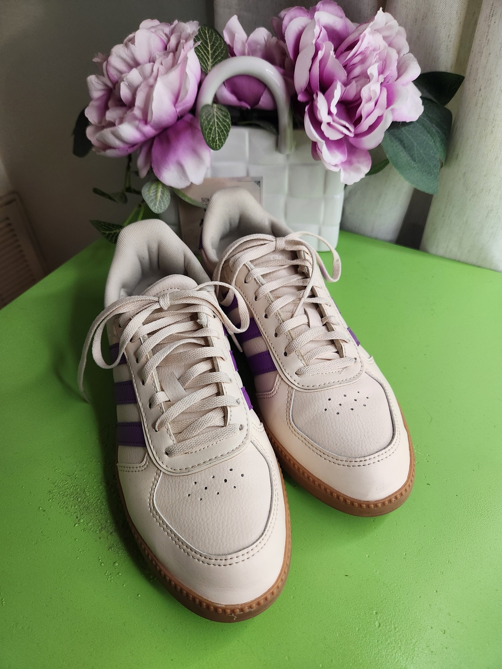 adidas Cream Low-Top Sneakers with Purple Accent